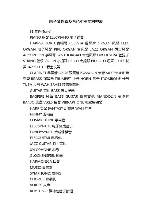 电子琴伴奏及音色中英文对照表