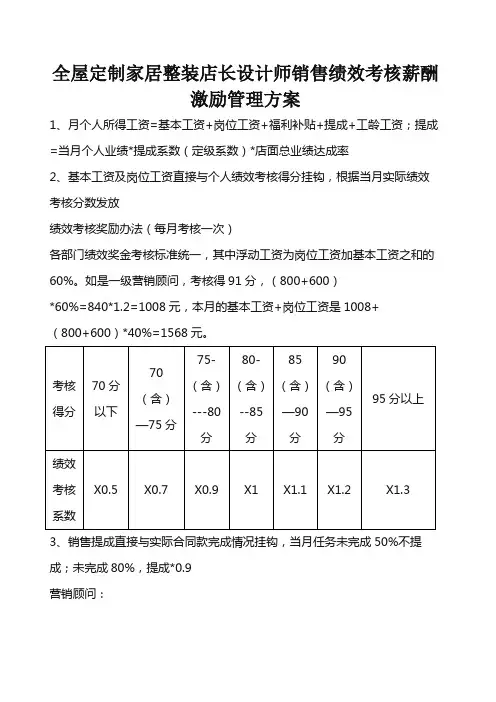 全屋定制家居整装店长设计师销售绩效考核薪酬激励管理方案