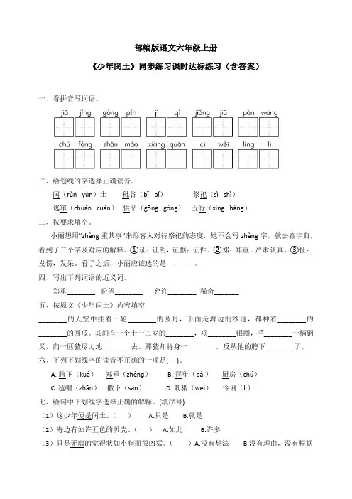 最新部编版语文六年级上册《少年闰土》同步练习课时达标练习(含答案)