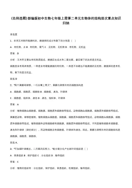 部编版初中生物七年级上册第二单元生物体的结构层次重点知识归纳