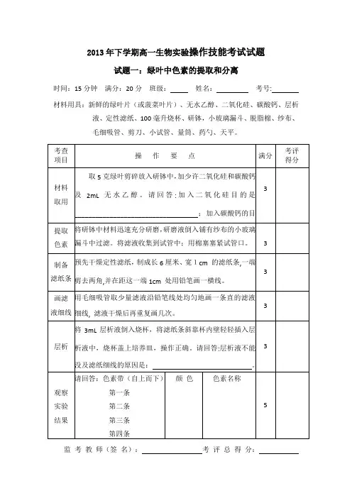 高一生物实验 绿叶中色素的提取和分离