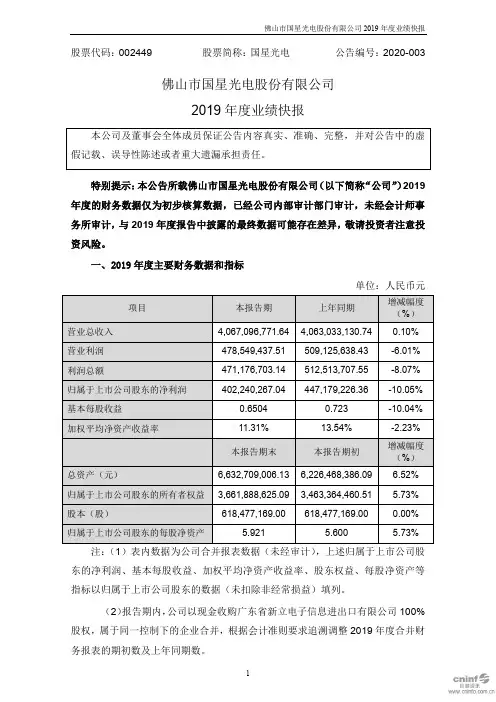 国星光电：2019年度业绩快报