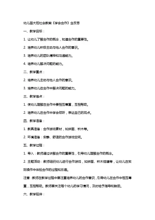 幼儿园大班社会教案《学会合作》含反思