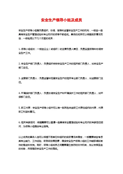 安全生产领导小组及成员