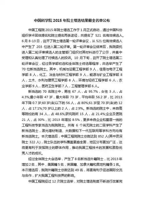 中国科学院2015年院士增选结果最全名单公布