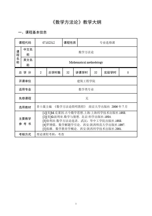 数学方法论 教学大纲