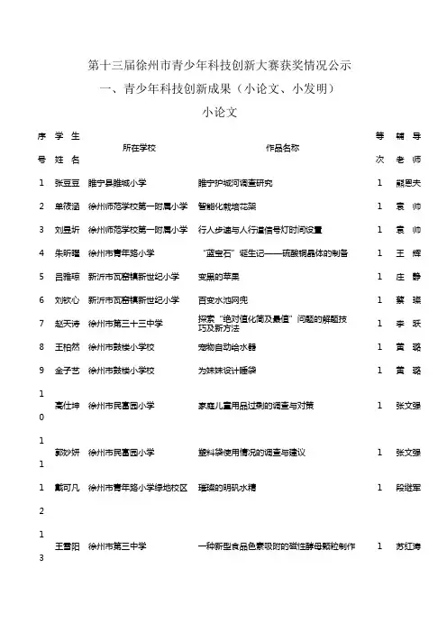 第十三届徐州青少年科技创新大赛获奖情况公示