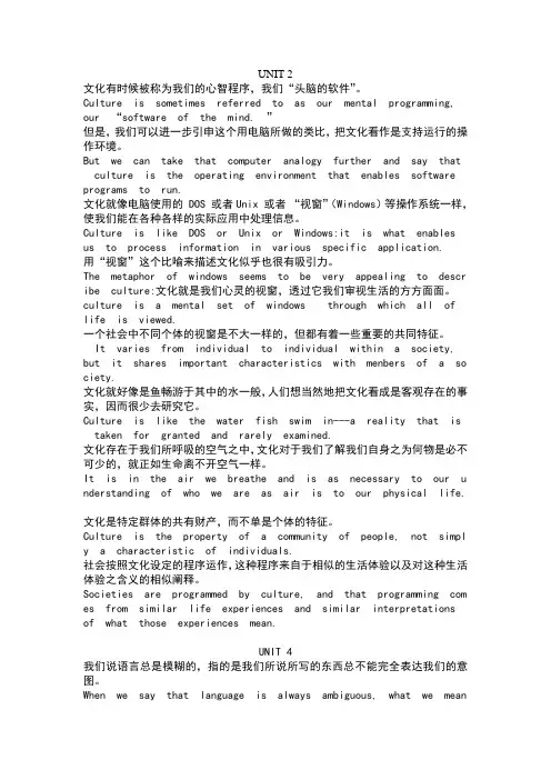 新编跨文化交际英语教程期末翻译题Unit2.4.5.6中英对照
