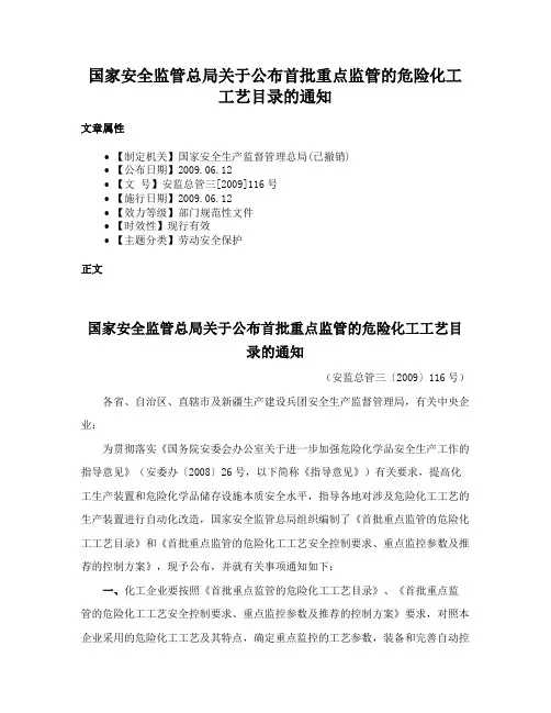 国家安全监管总局关于公布首批重点监管的危险化工工艺目录的通知