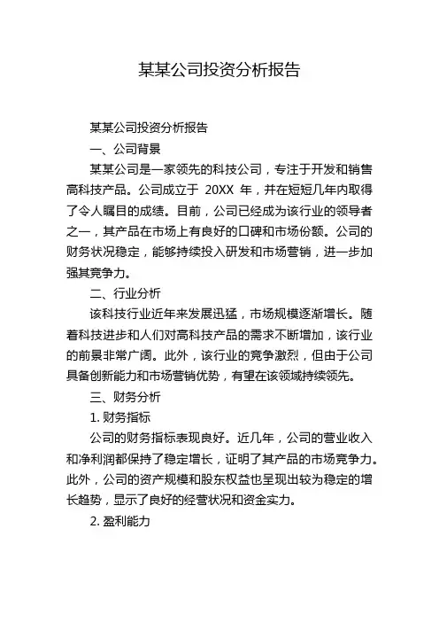 某某公司投资分析报告