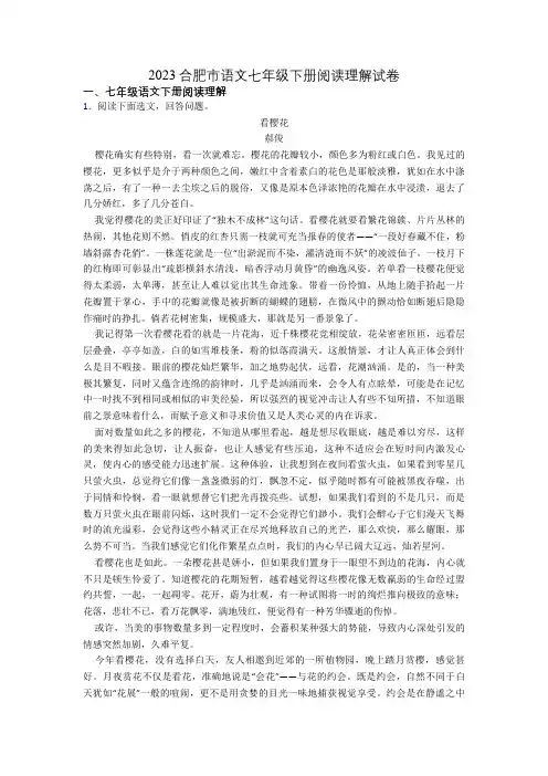 2023合肥市语文七年级下册阅读理解试卷