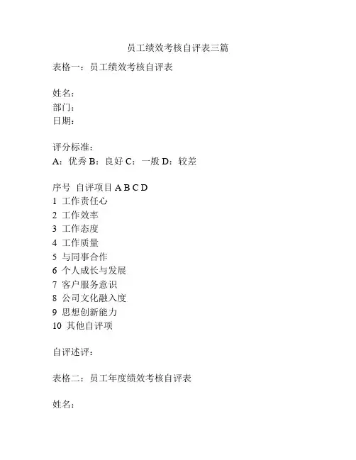员工绩效考核自评表三篇