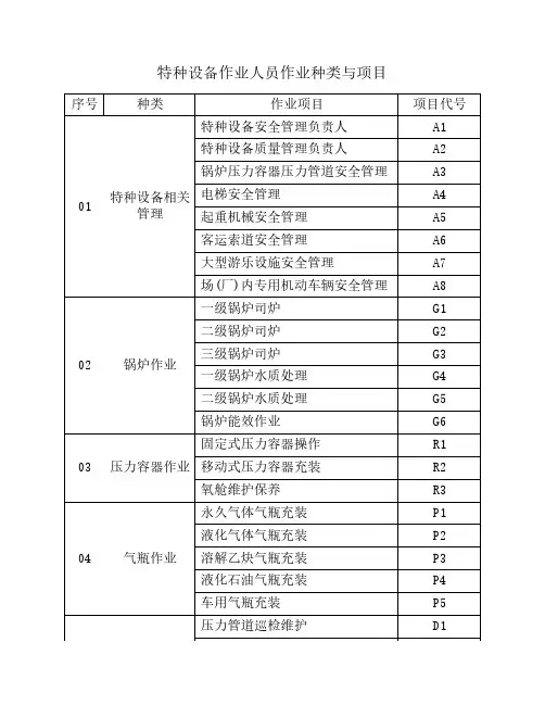 特种设备作业人员作业种类与项目