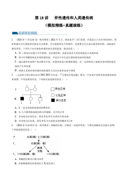 2024年高考生物一轮复习讲练测(新教材新高考)第18讲 伴性遗传和人类遗传病(练习)(原卷版+答案