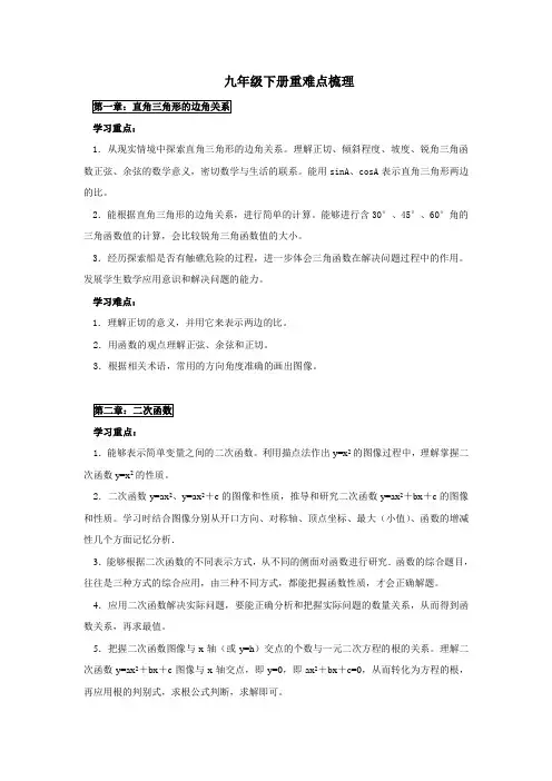 (完整)人教版数学九年级下册学习重点难点梳理整理