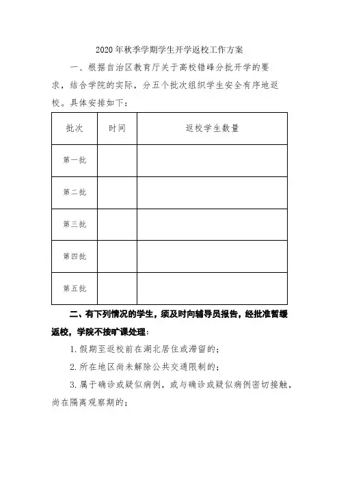 2020年秋季学期学生开学返校工作方案