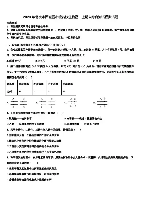 2023年北京市西城区市级名校生物高二上期末综合测试模拟试题含解析