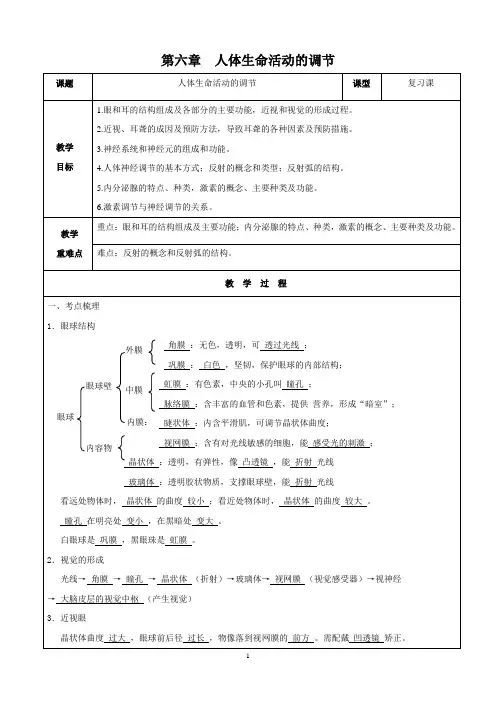 人教版七年级生物(下)第六章人体生命活动的调节复习教案