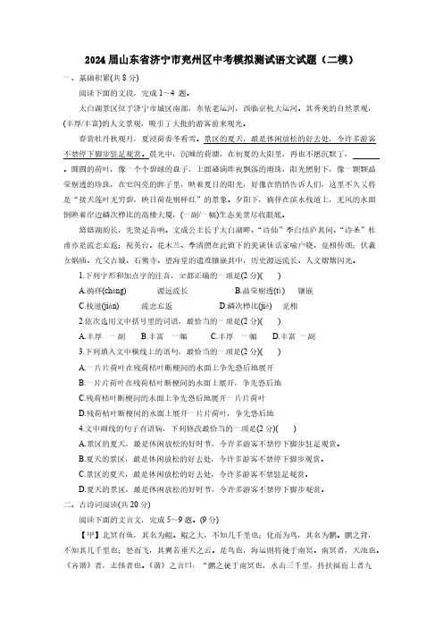 2024届山东省济宁市兖州区中考模拟测试语文试题(二模)含答案