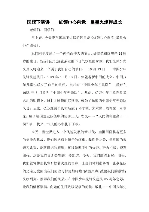 小学国旗下演讲—红领巾心向党星星火炬伴成长
