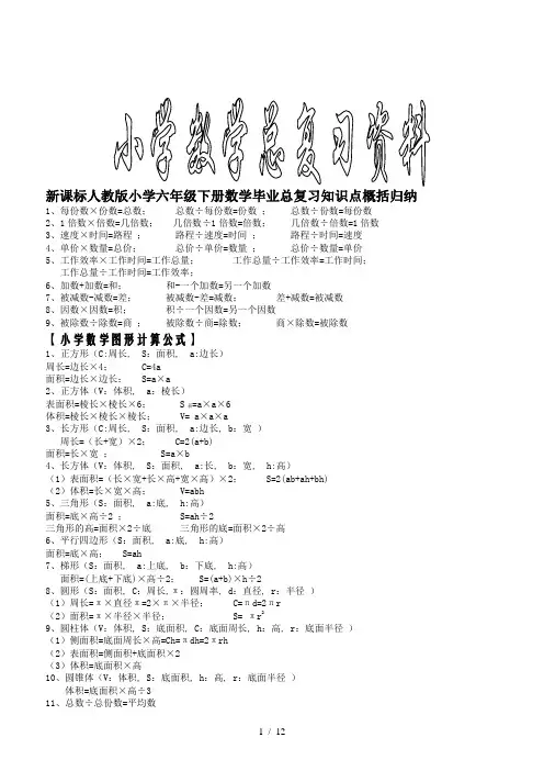 最新课标人教版小学六年级下册数学毕业总复习知识点概括归纳