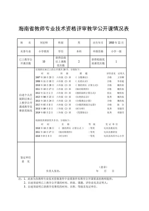 海南省教师专业技术资格评审教学公开课情况表