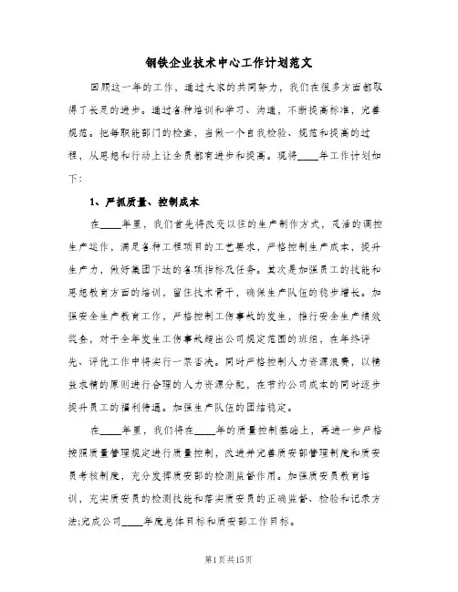 2024年钢铁企业技术中心工作计划范文(4篇)