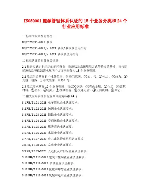 ISO50001能源管理体系认证的15个业务分类和24个行业应用标准