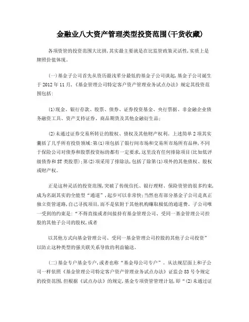 金融业八大资产管理类型投资范围(干货收藏)