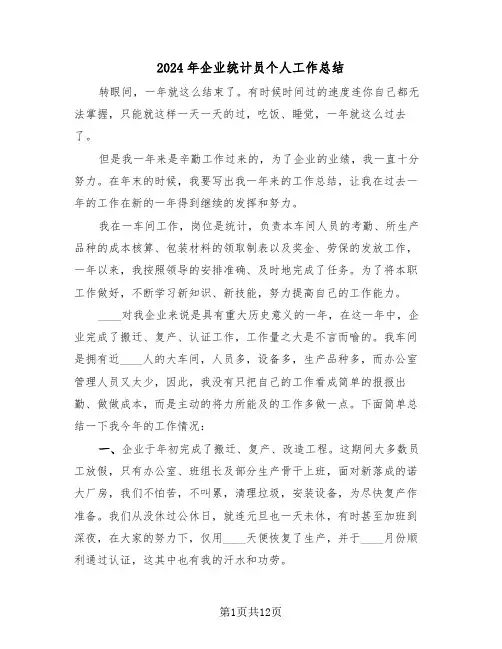 2024年企业统计员个人工作总结（五篇）