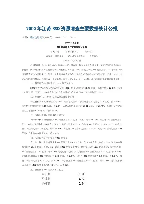 2000年江苏R&D资源清查主要数据统计公报