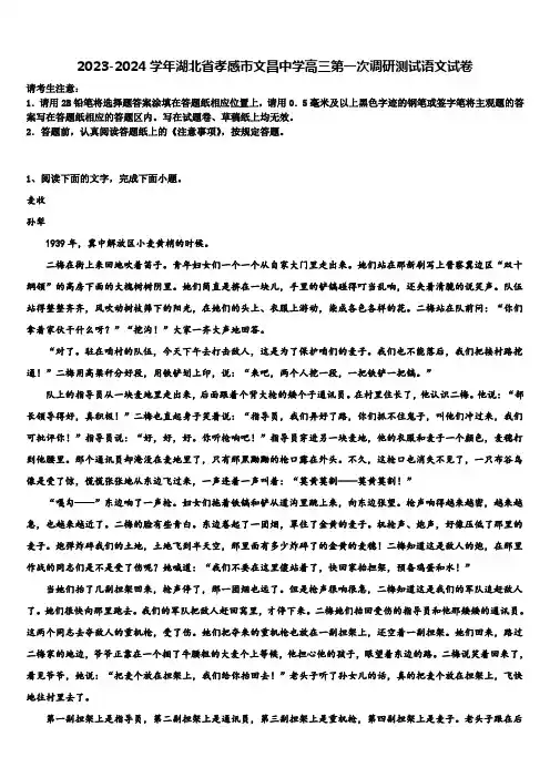 2023-2024学年湖北省孝感市文昌中学高三第一次调研测试语文试卷含解析