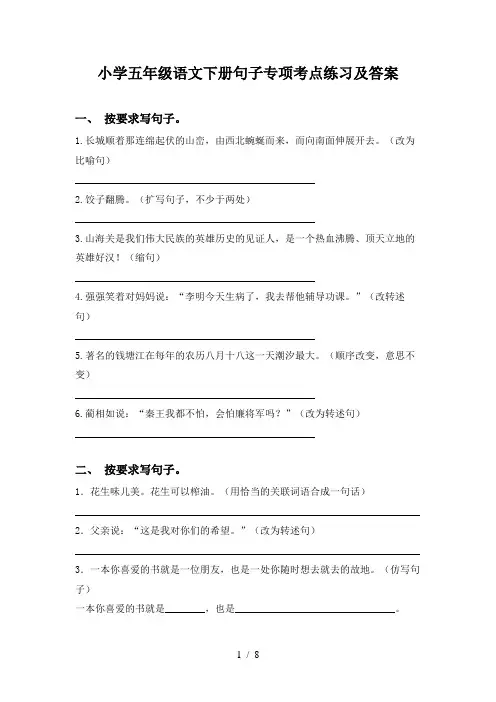 小学五年级语文下册句子专项考点练习及答案