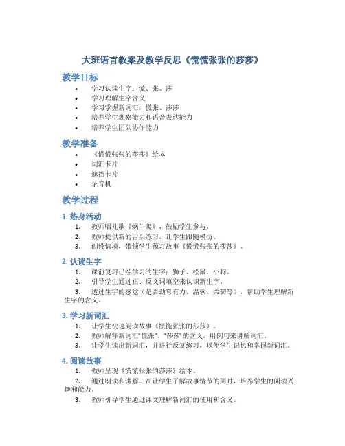 大班语言教案及教学反思《慌慌张张的莎莎》