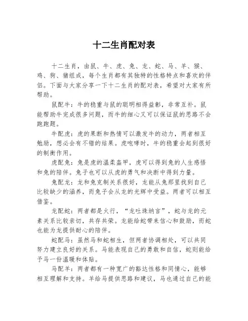 十二生肖配对表