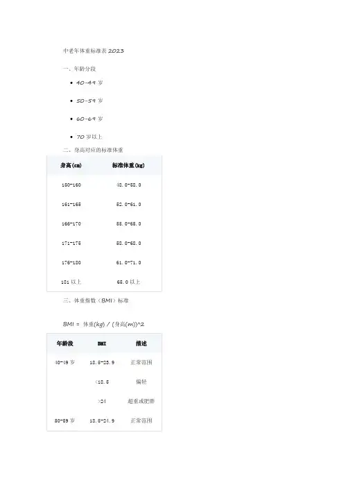 中老年体重标准表2023