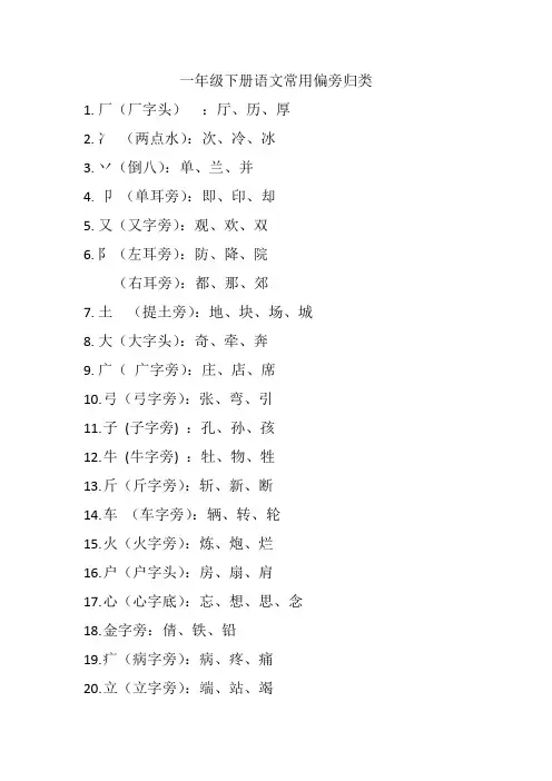 3一年级下册语文常用偏旁归类