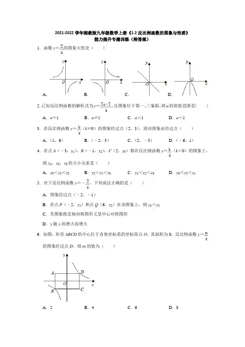 反比例函数的图象与性质 能力提升专题训练 2021-2022学年湘教版九年级数学上册