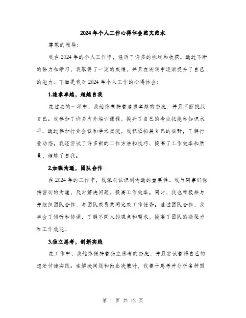 2024年个人工作心得体会范文范本(5篇)
