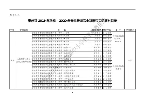 贵州省2019年秋季-2020年春季普通高中新课程实验教材目录