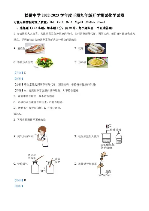精品解析：黑龙江省哈尔滨市南岗区松雷中学2022-2023学年九年级上学期开学测试化学试卷(解析版)