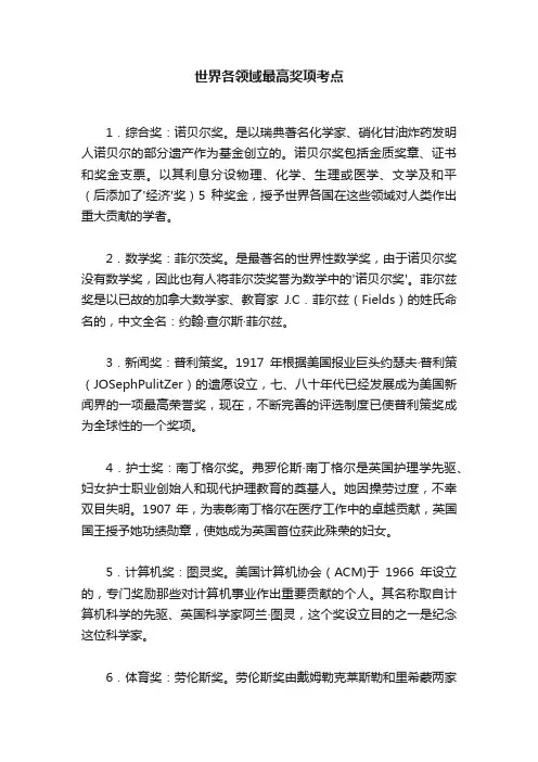 世界各领域最高奖项考点