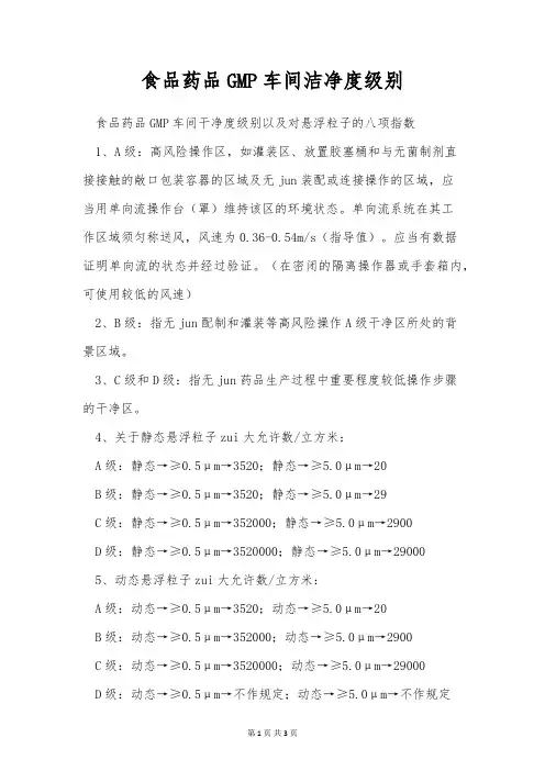 食品药品GMP车间洁净度级别