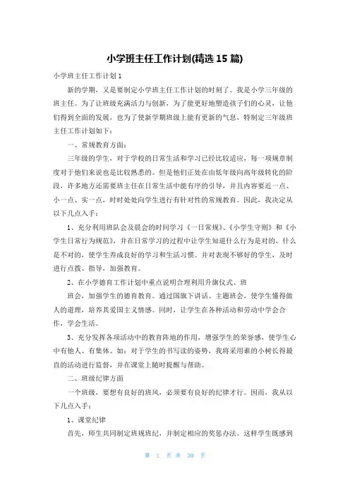 小学班主任工作计划(精选15篇)