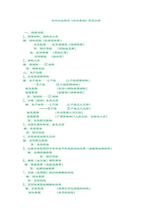 会计从业考试《会计基础》常见分录