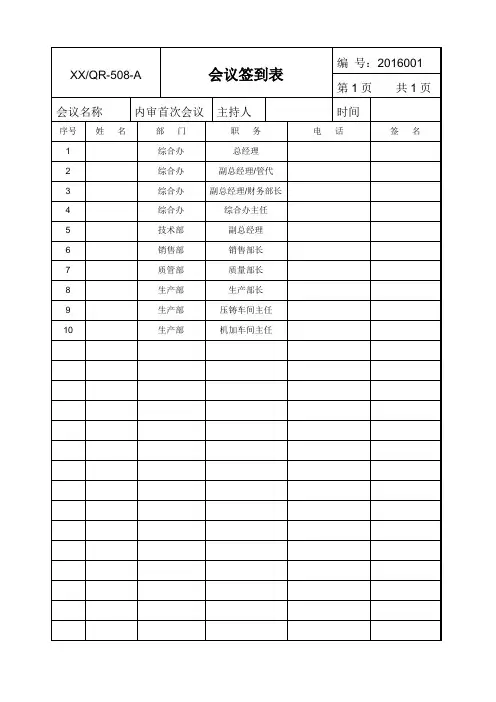 内审首(末)次会议签到表