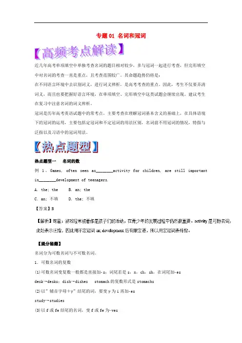 高考英语 热点题型和提分秘籍 专题01 名词和冠词(含解析)