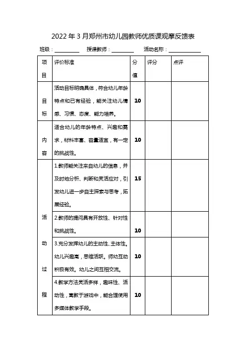 2022年3月郑州市幼儿园教师优质课观摩反馈表