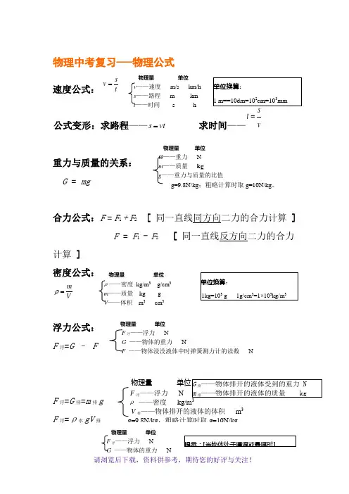 初中物理中考常用公式总结