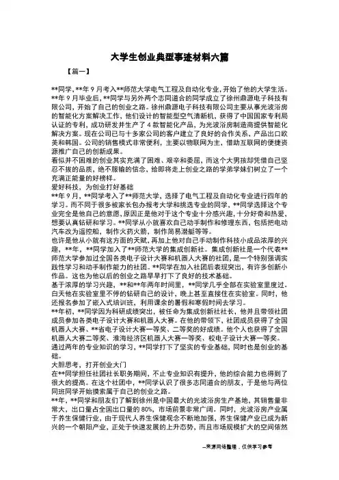 大学生创业典型事迹材料六篇